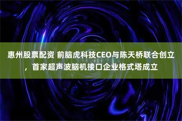 惠州股票配资 前脑虎科技CEO与陈天桥联合创立，首家超声波脑机接口企业格式塔成立